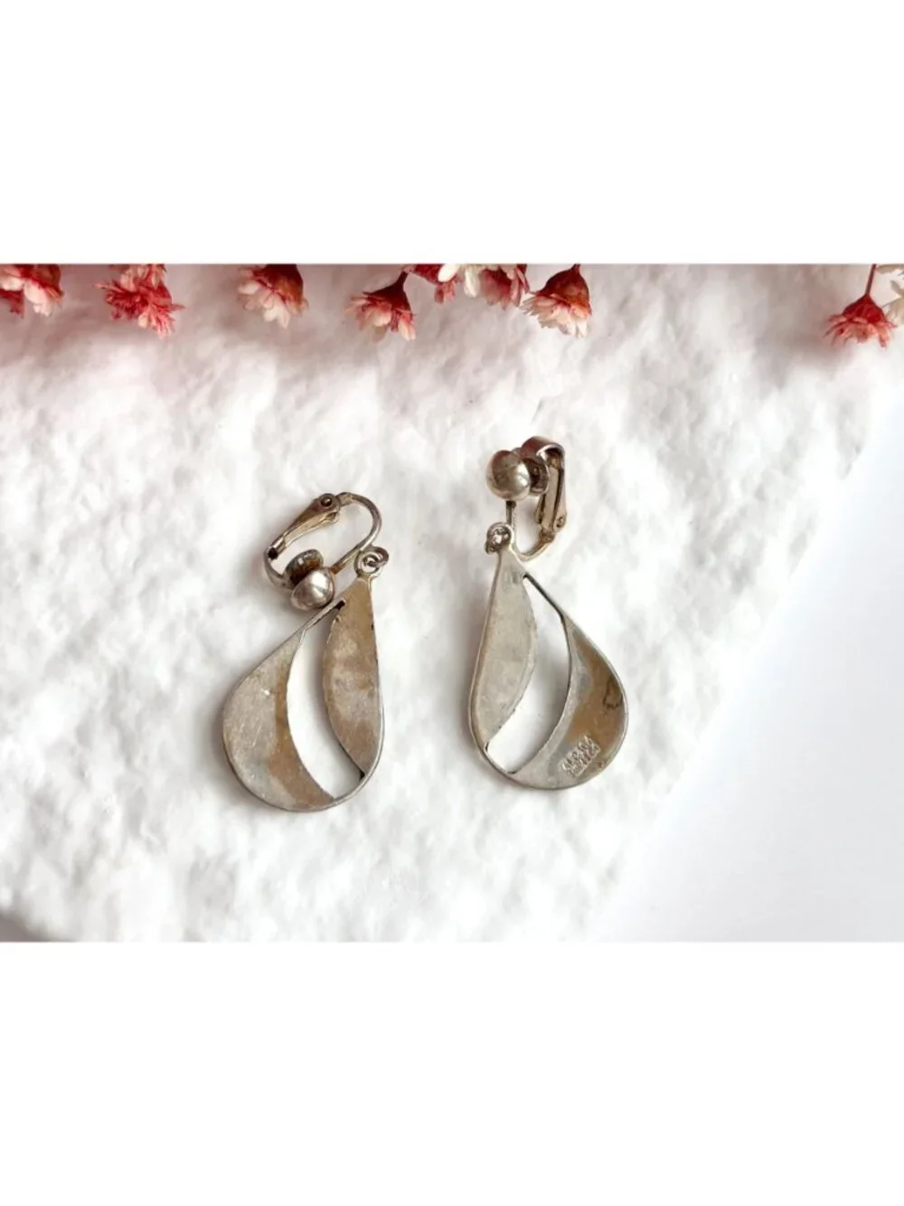 Abalone Inlaid Teardrop Clip On Alpaca Silver Plated Drop Southwest Earrings